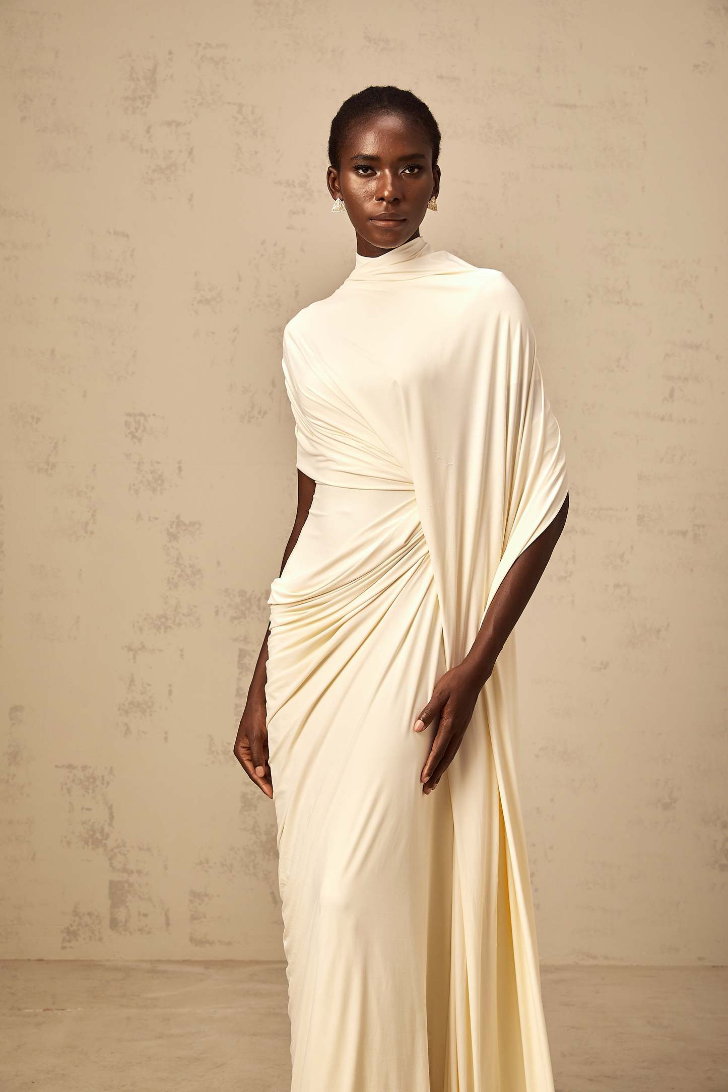 La Cape Sereine — Draped stretch maxi dress with asymmetrical cape