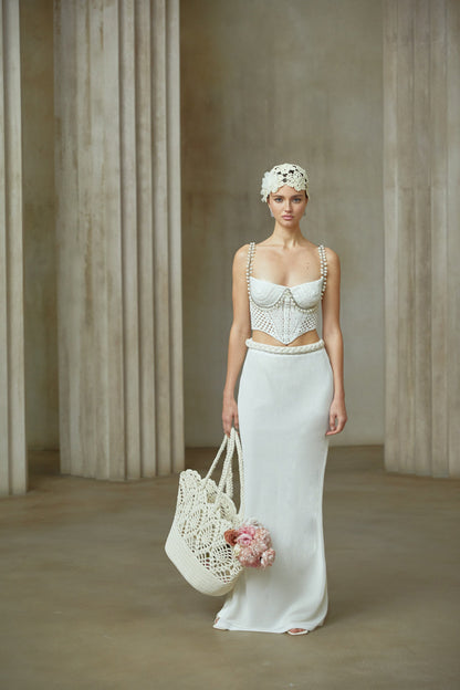 La Crochet Aurore — Pearl-strap crochet top and maxi skirt