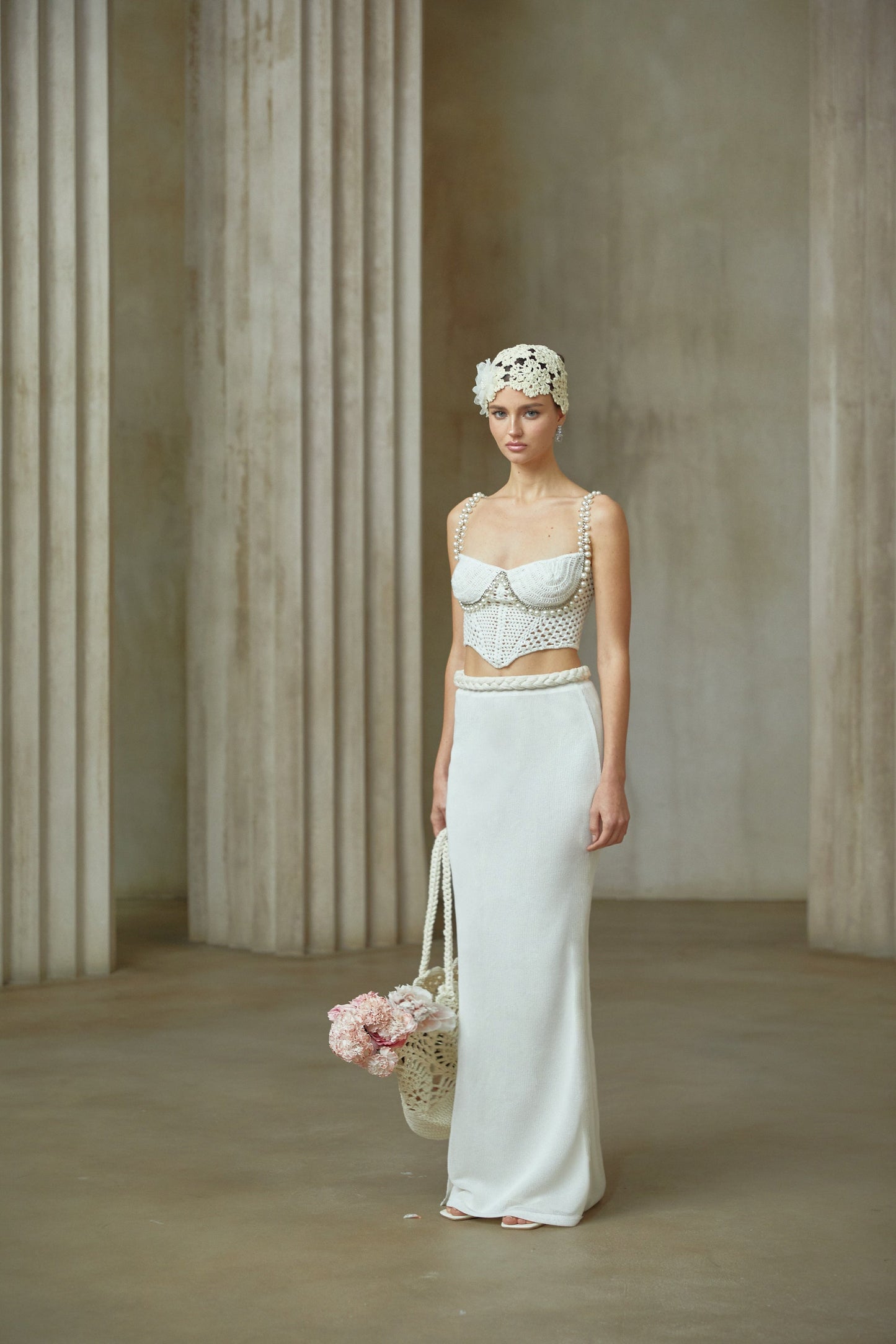 La Crochet Aurore — Pearl-strap crochet top and maxi skirt