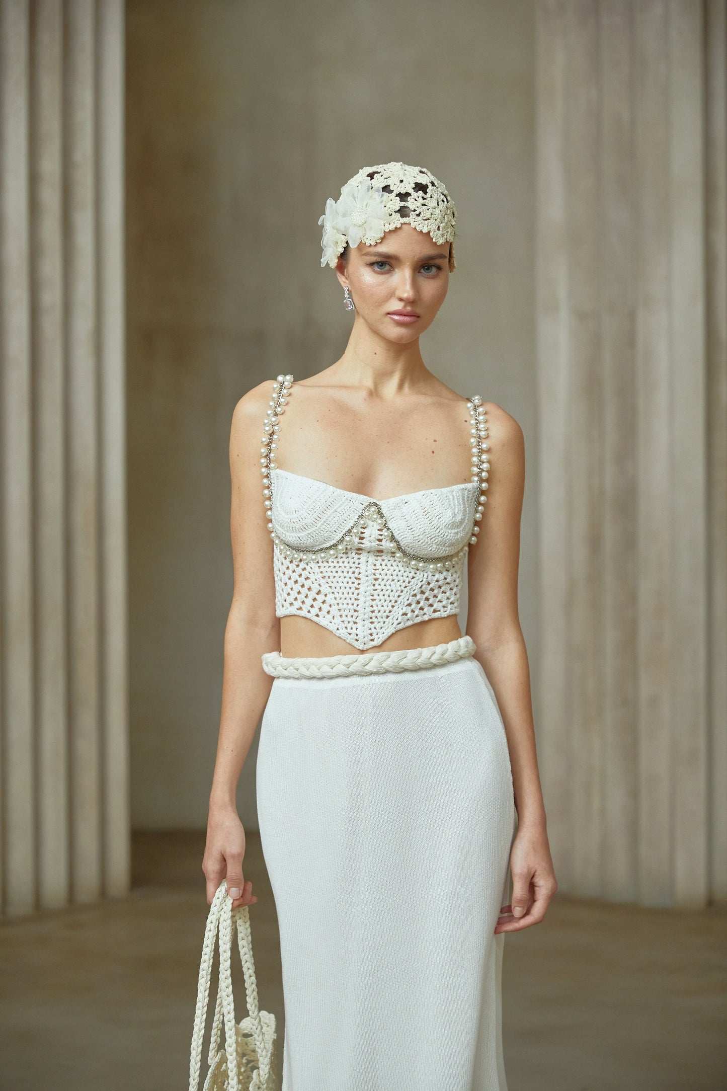 La Crochet Aurore — Pearl-strap crochet top and maxi skirt