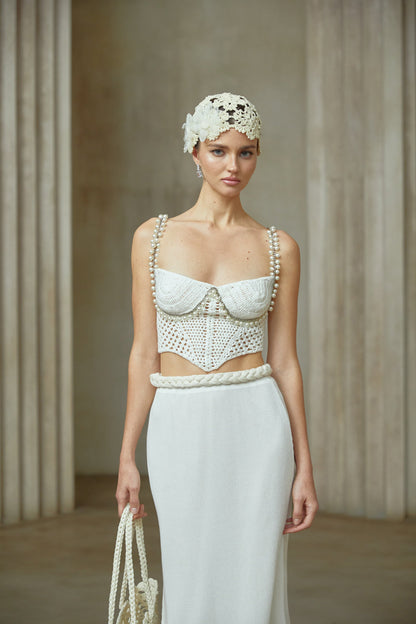 La Crochet Aurore — Pearl-strap crochet top and maxi skirt