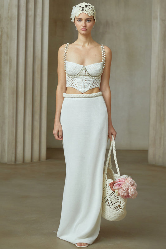 La Crochet Aurore — Pearl-strap crochet top and maxi skirt