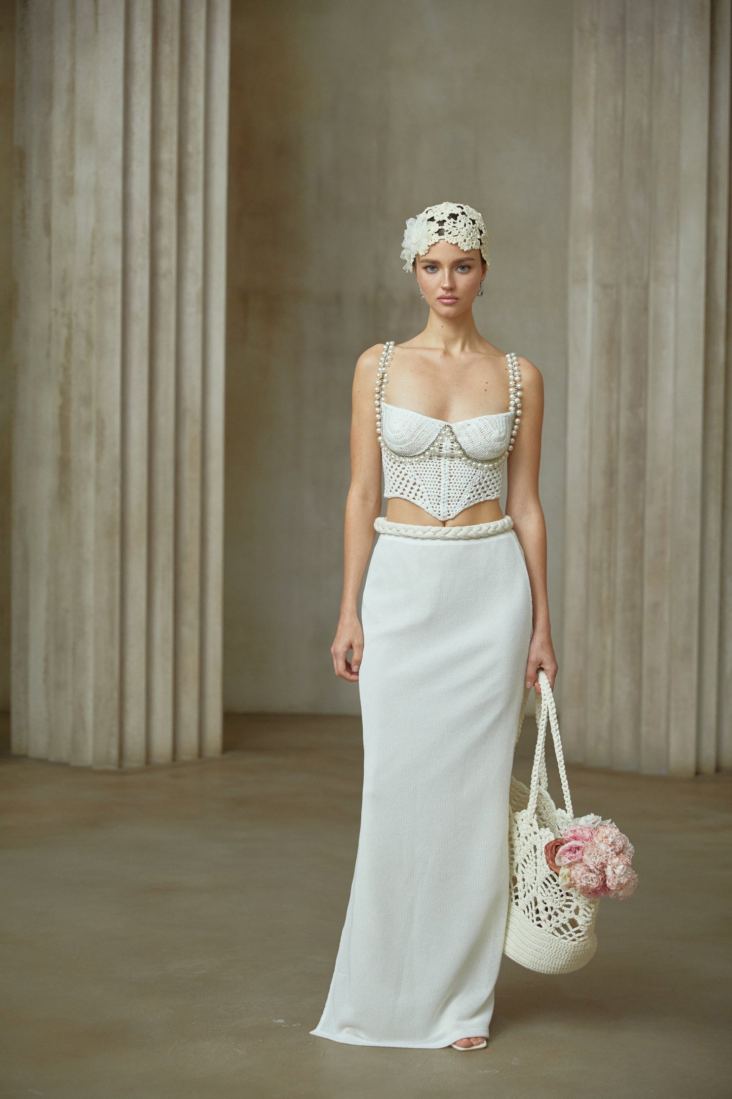 La Crochet Aurore — Pearl-strap crochet top and maxi skirt