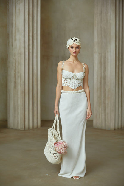La Crochet Aurore — Pearl-strap crochet top and maxi skirt