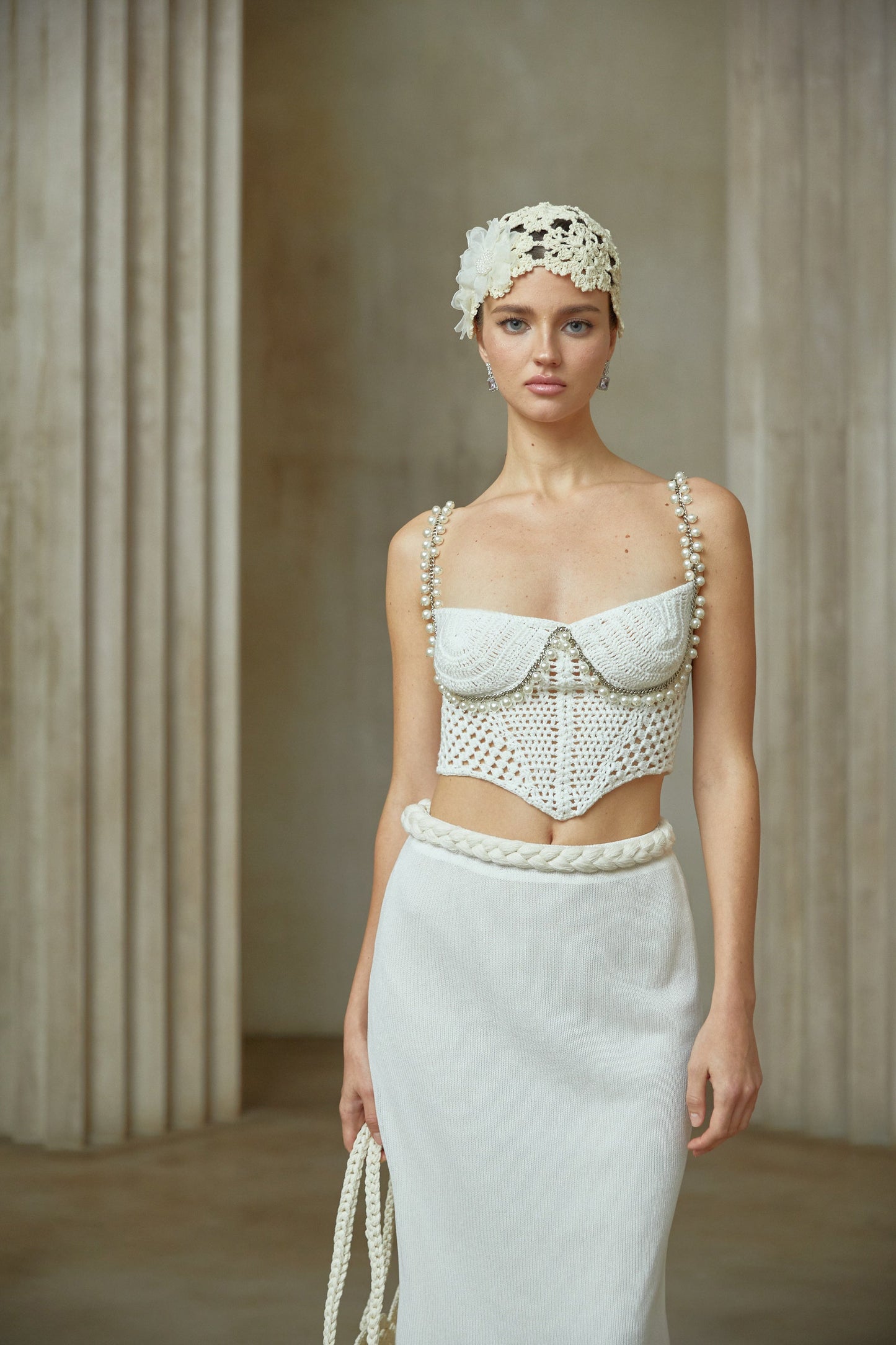 La Crochet Aurore — Pearl-strap crochet top and maxi skirt