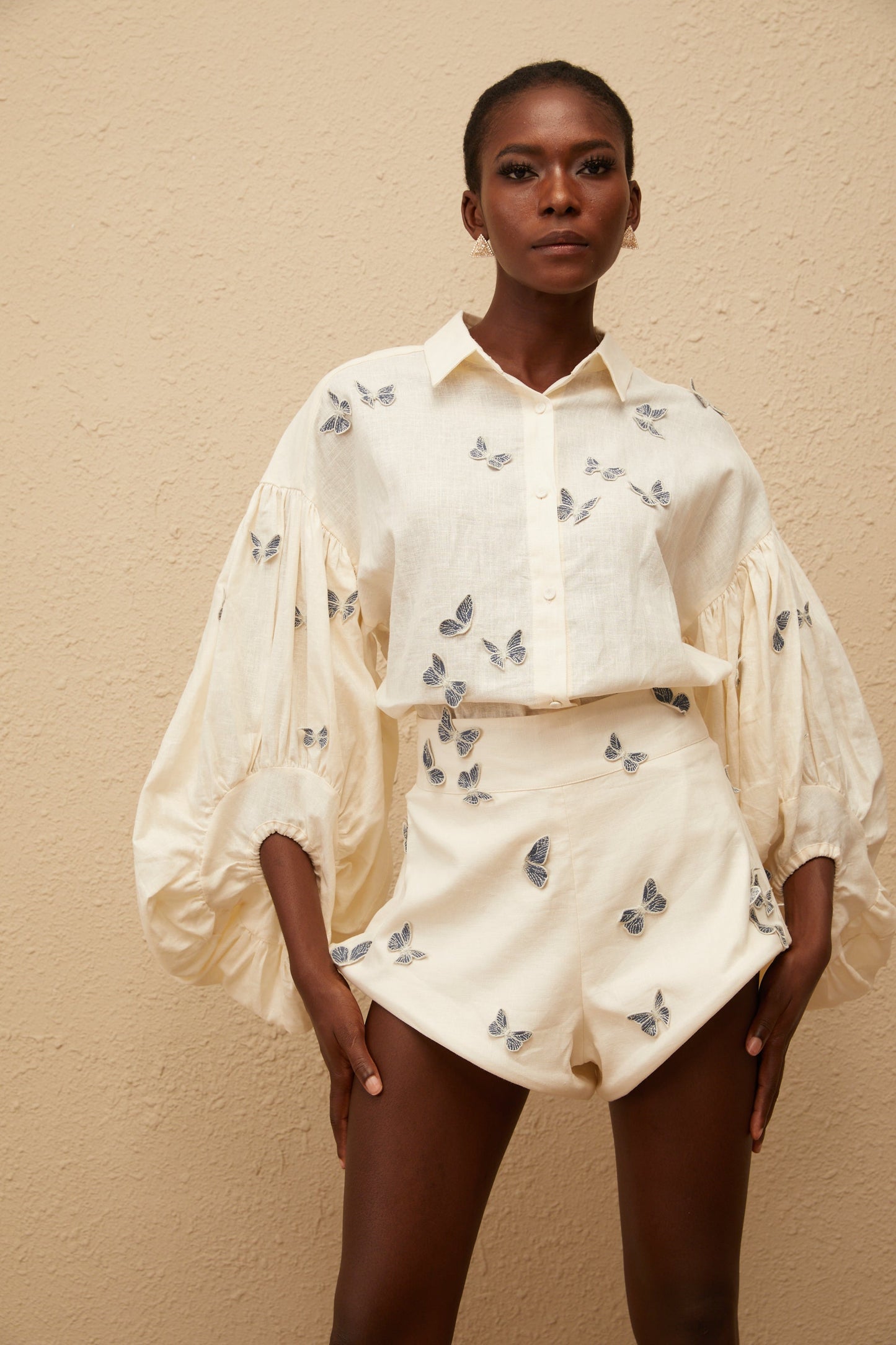 La Brise Papillon — Embroidered shirt and high-waisted shorts set