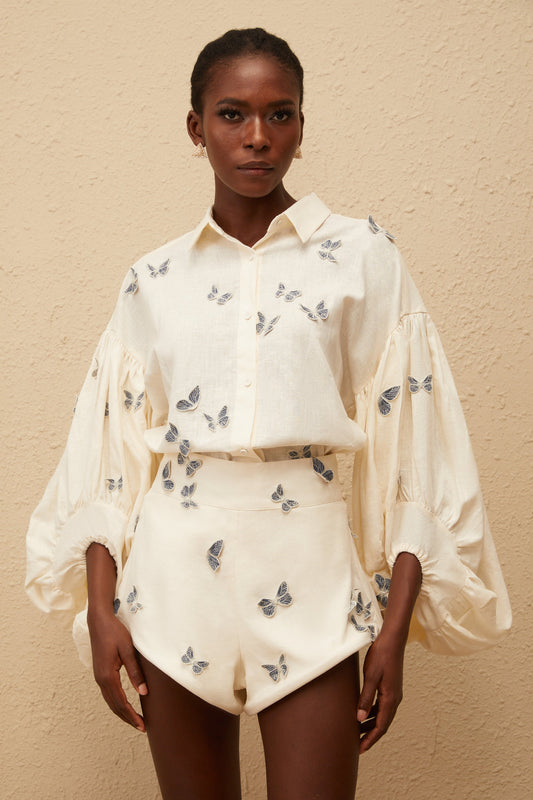 La Brise Papillon — Embroidered shirt and high-waisted shorts set