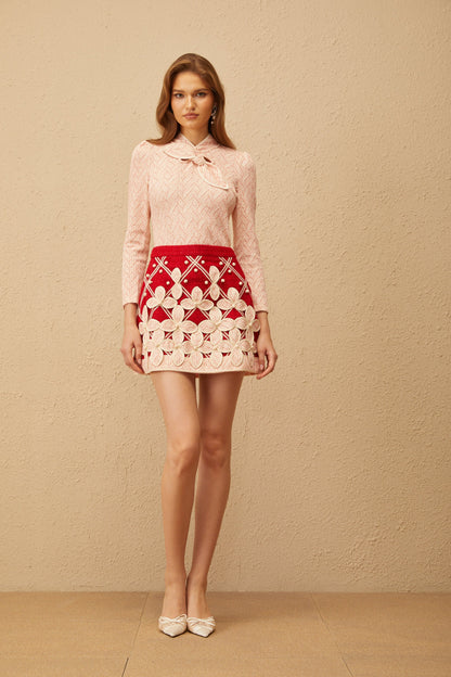 La Rosée — Bow-tie crochet blouse and petal mini skirt