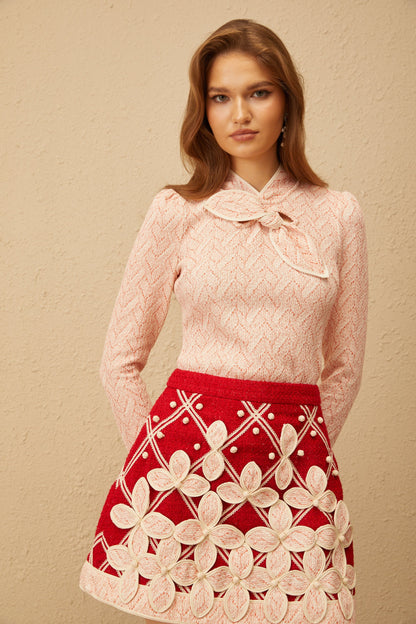 La Rosée — Bow-tie crochet blouse and petal mini skirt