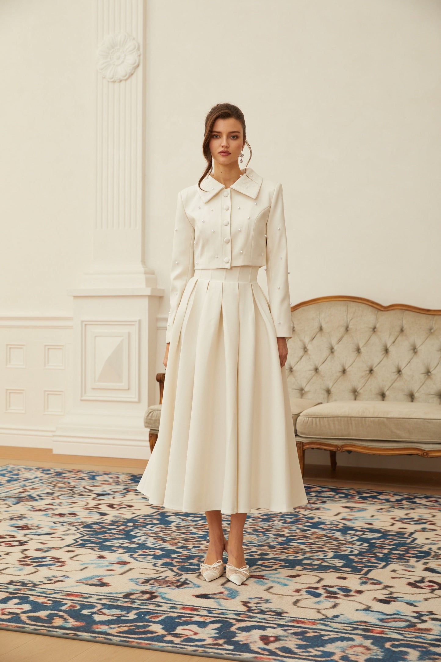 La Allure Blanche — Pearl-trim cropped jacket and pleated maxi skirt
