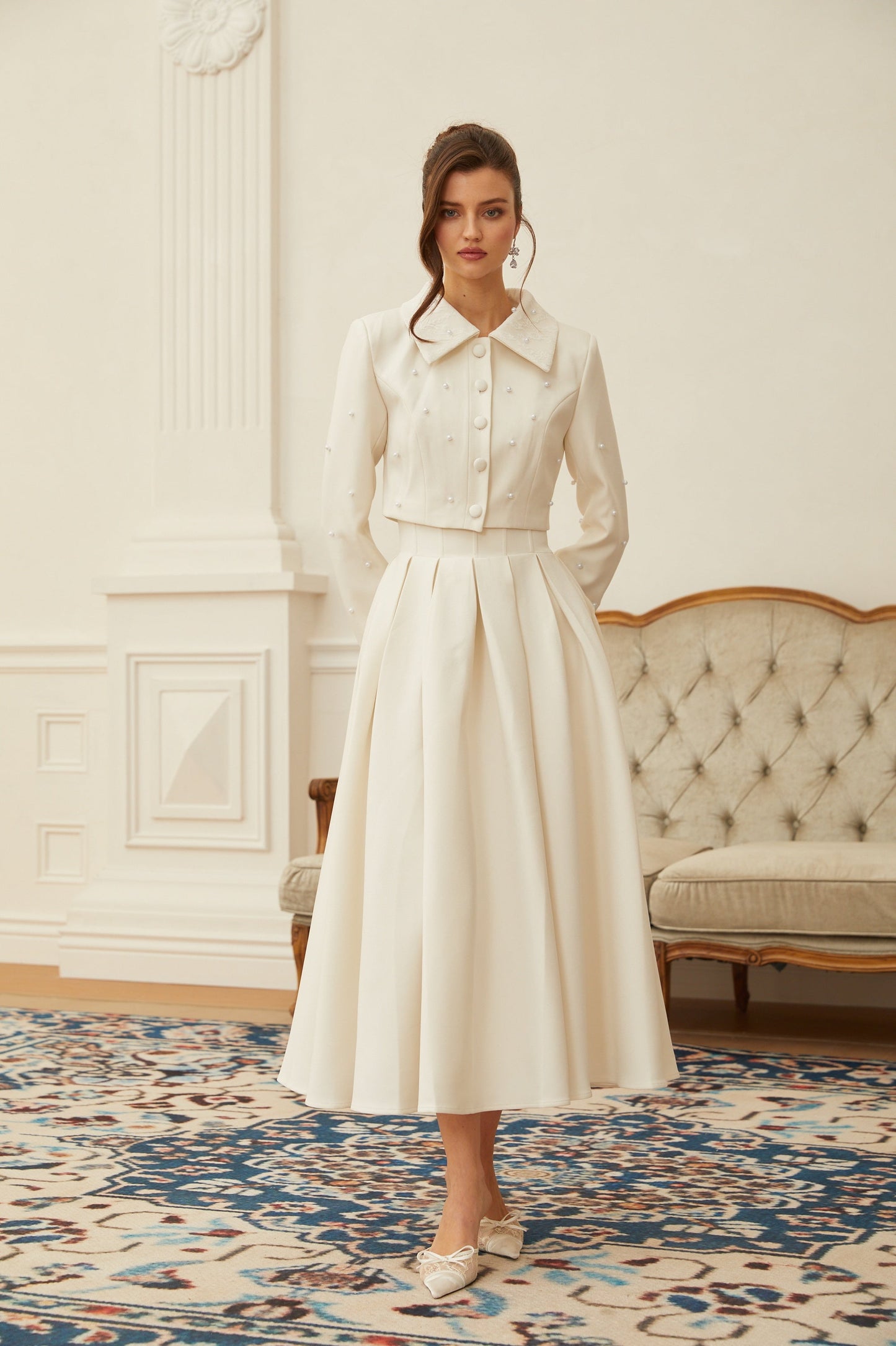 La Allure Blanche — Pearl-trim cropped jacket and pleated maxi skirt