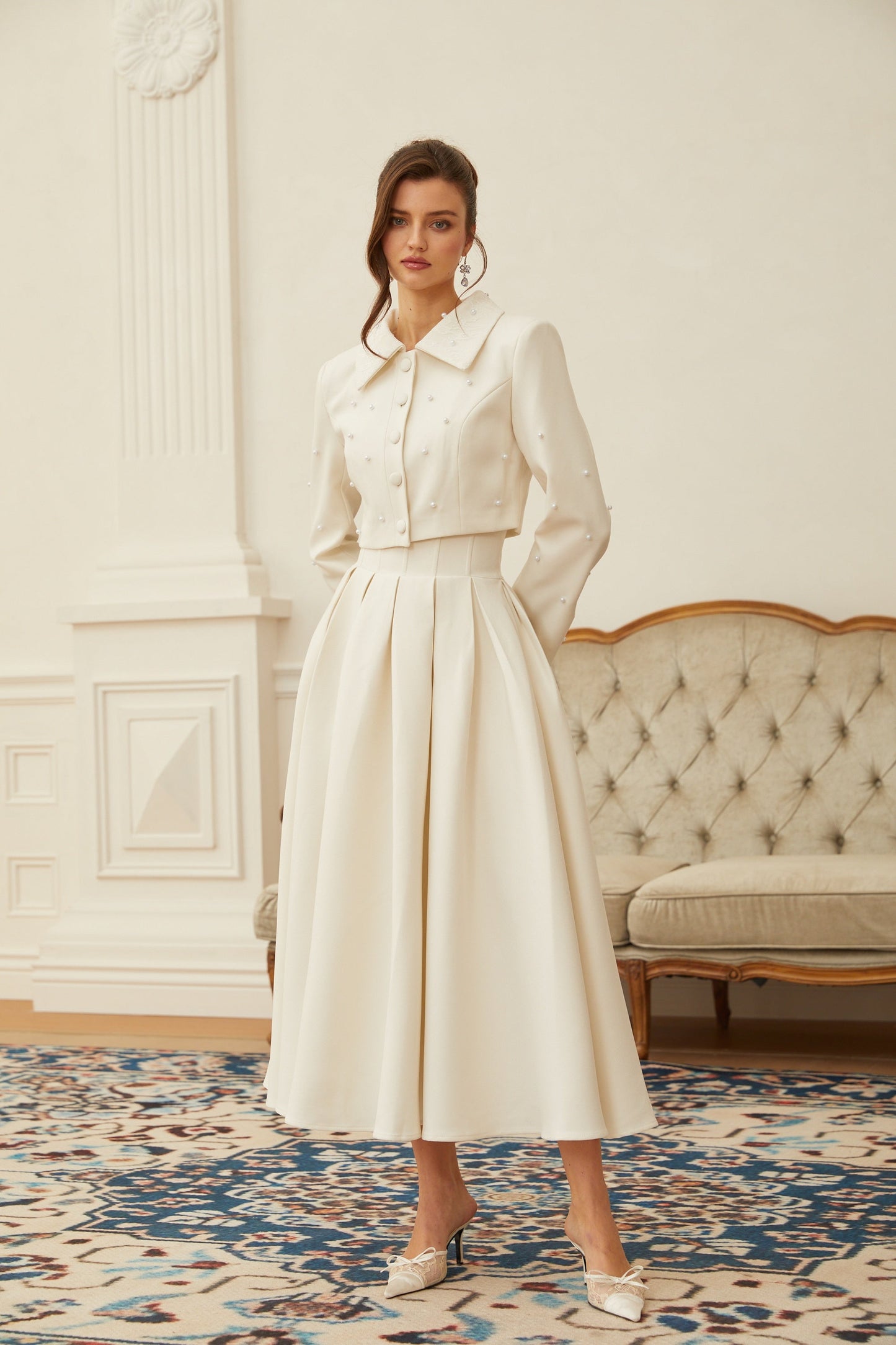 La Allure Blanche — Pearl-trim cropped jacket and pleated maxi skirt