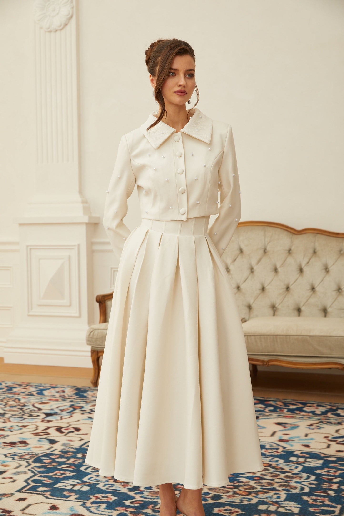 La Allure Blanche — Pearl-trim cropped jacket and pleated maxi skirt