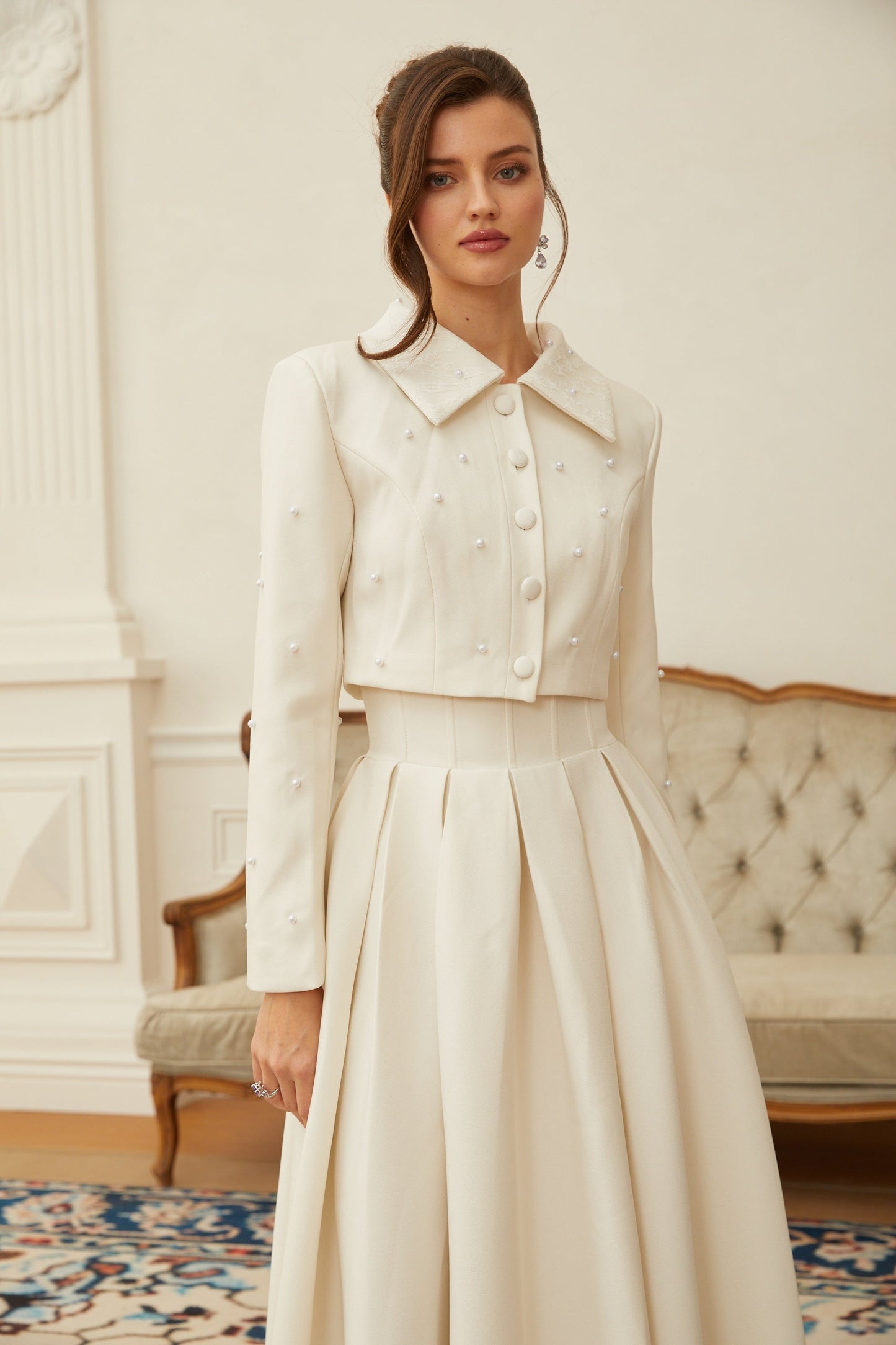 La Allure Blanche — Pearl-trim cropped jacket and pleated maxi skirt