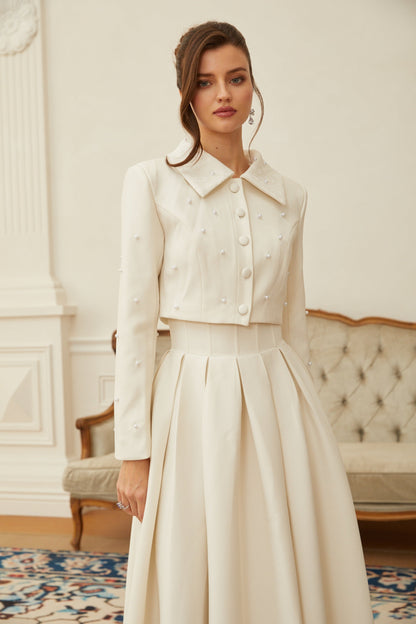 La Allure Blanche — Pearl-trim cropped jacket and pleated maxi skirt