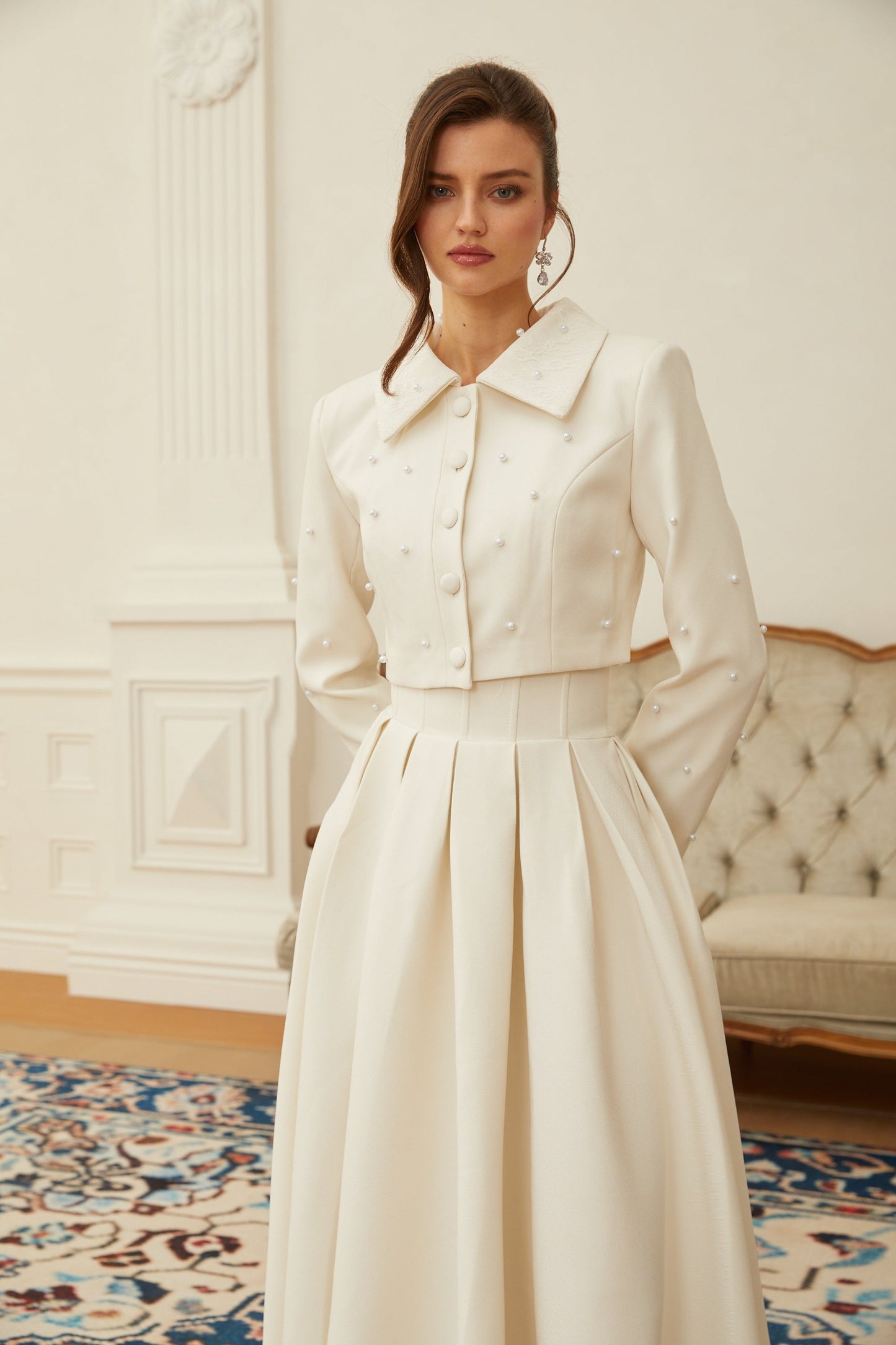 La Allure Blanche — Pearl-trim cropped jacket and pleated maxi skirt