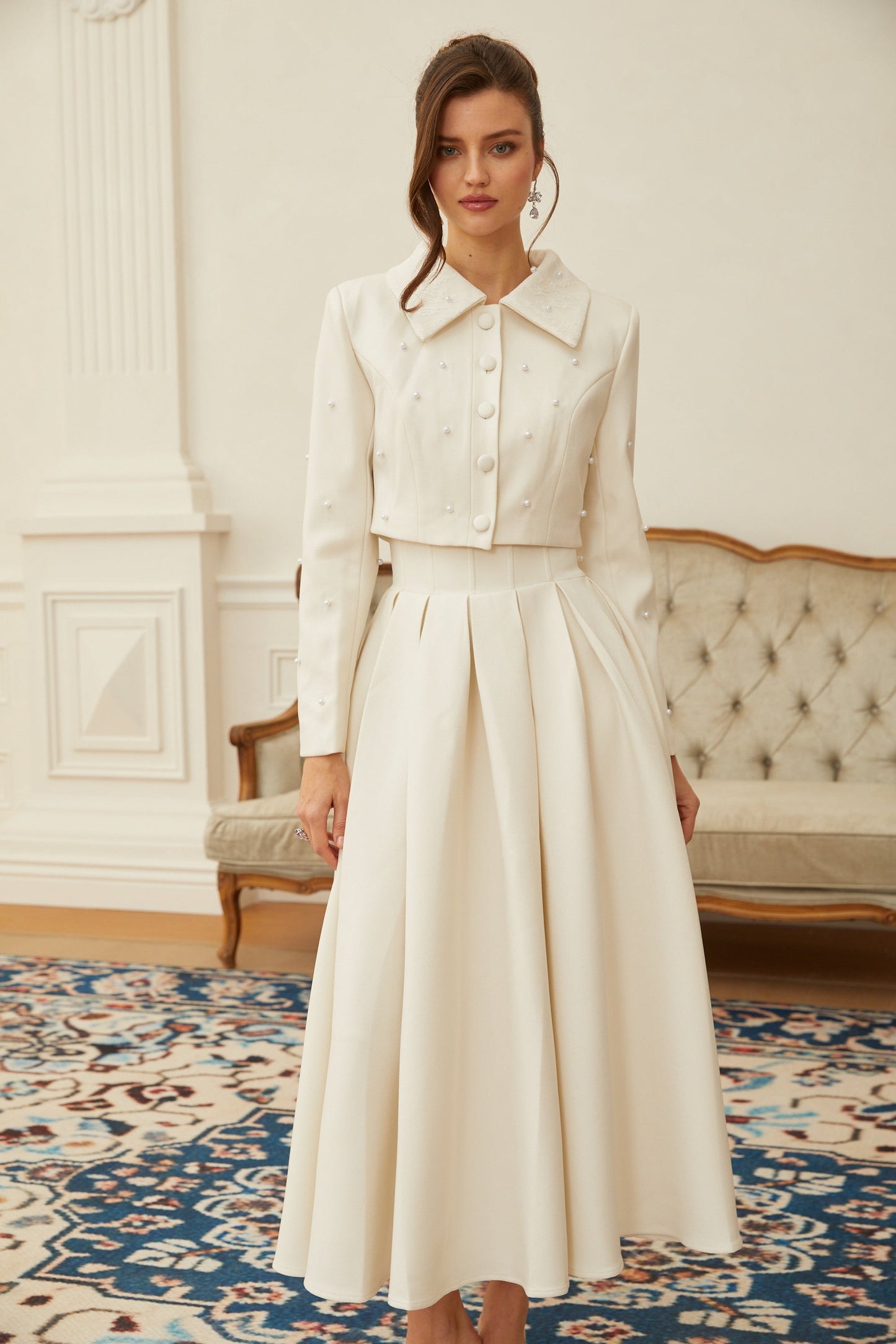 La Allure Blanche — Pearl-trim cropped jacket and pleated maxi skirt