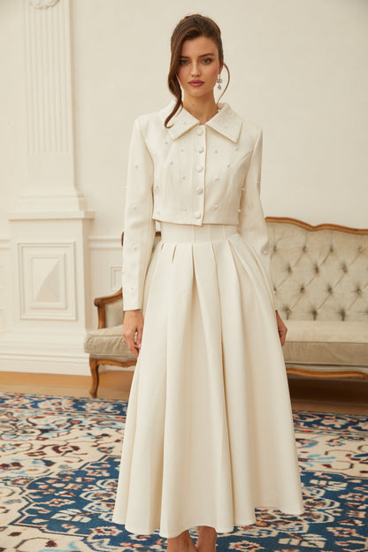 La Allure Blanche — Pearl-trim cropped jacket and pleated maxi skirt
