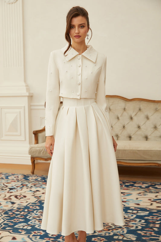 La Allure Blanche — Pearl-trim cropped jacket and pleated maxi skirt