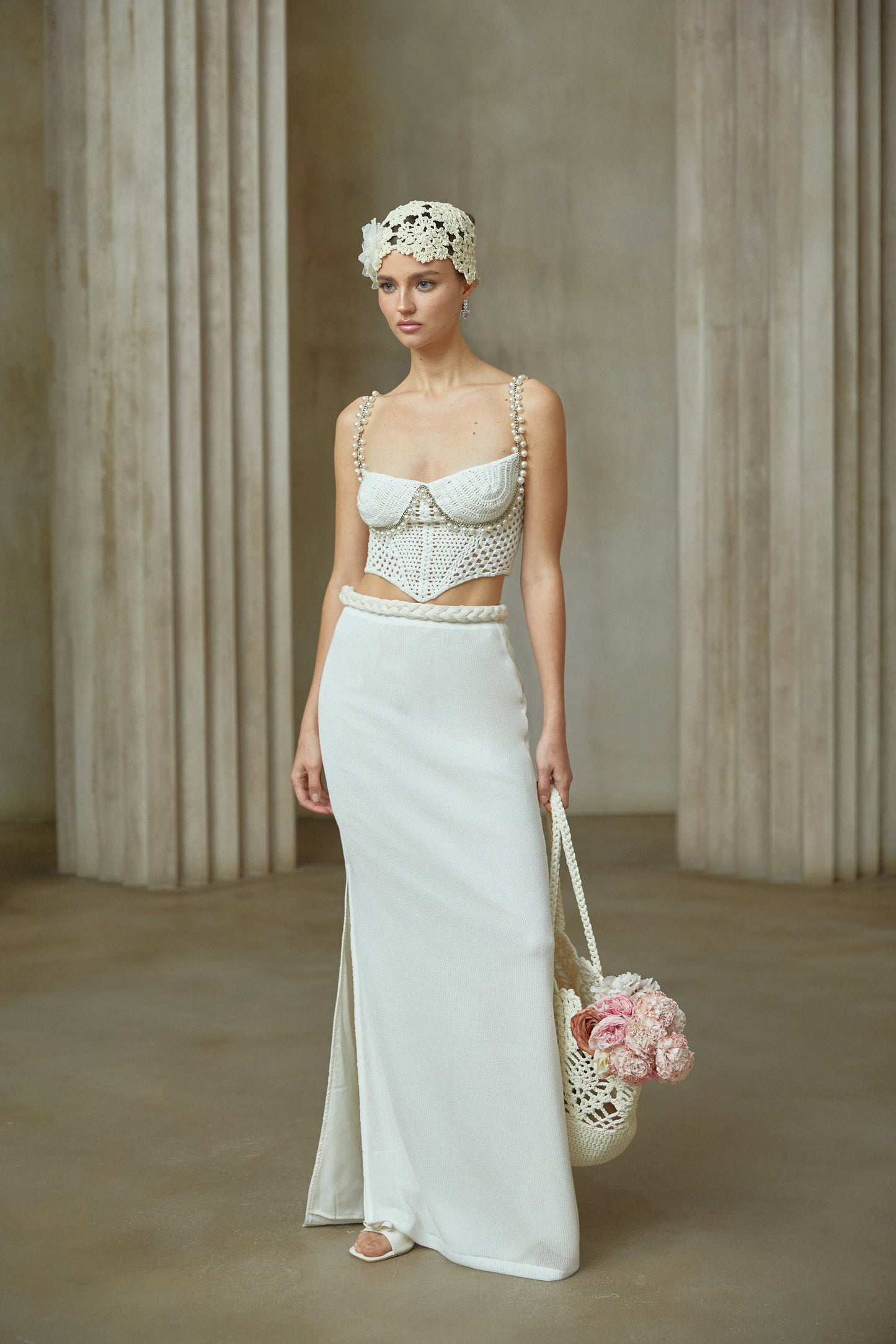 La Crochet Aurore — Pearl-strap crochet top and maxi skirt