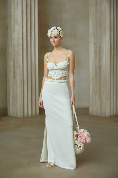 La Crochet Aurore — Pearl-strap crochet top and maxi skirt