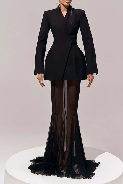 La Ombre Tailleur — Structured jacket and sheer godet skirt set