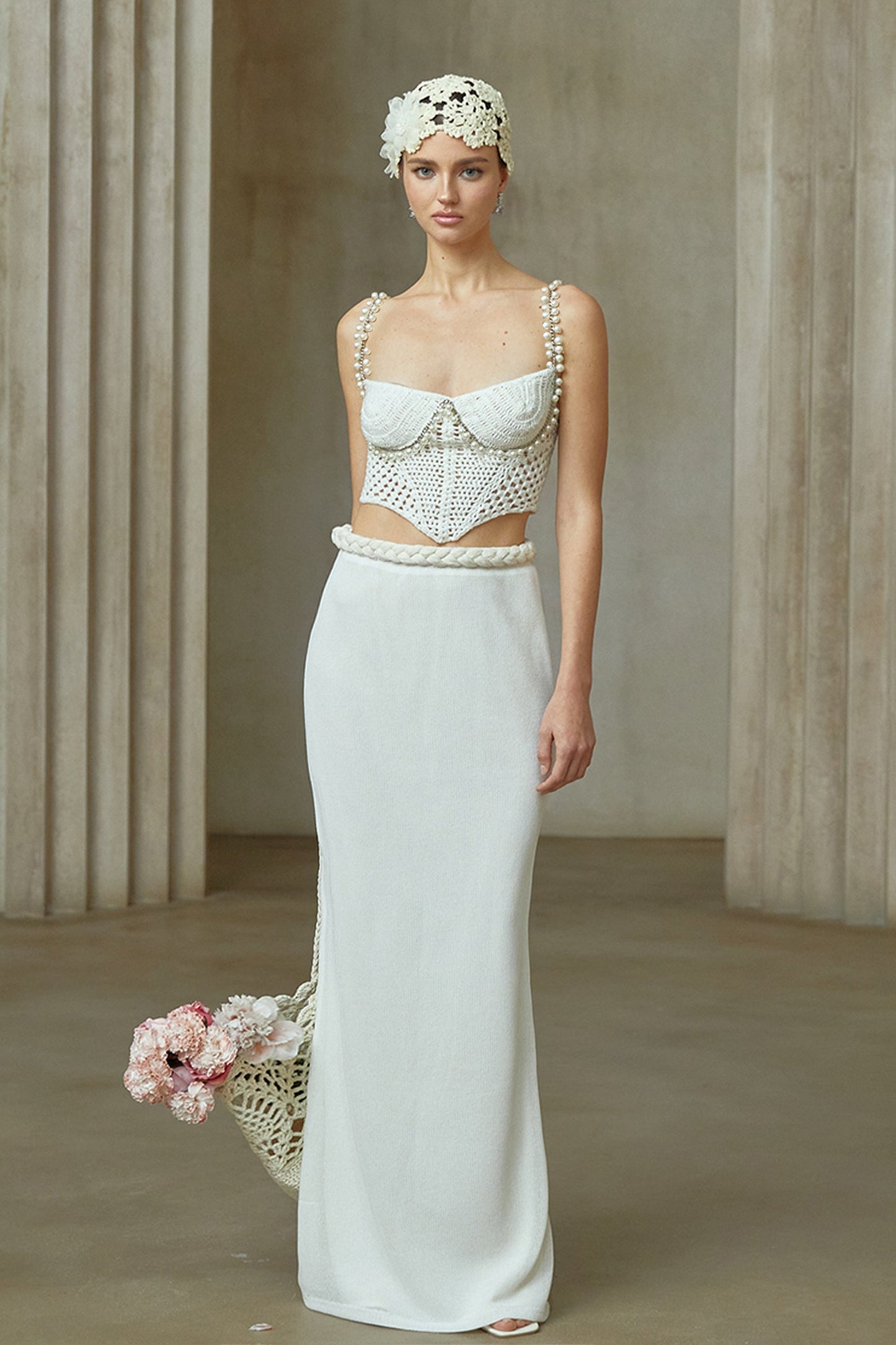 La Crochet Aurore — Pearl-strap crochet top and maxi skirt