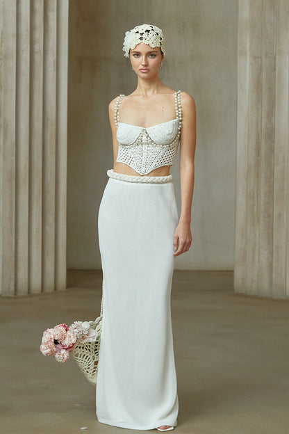 La Crochet Aurore — Pearl-strap crochet top and maxi skirt