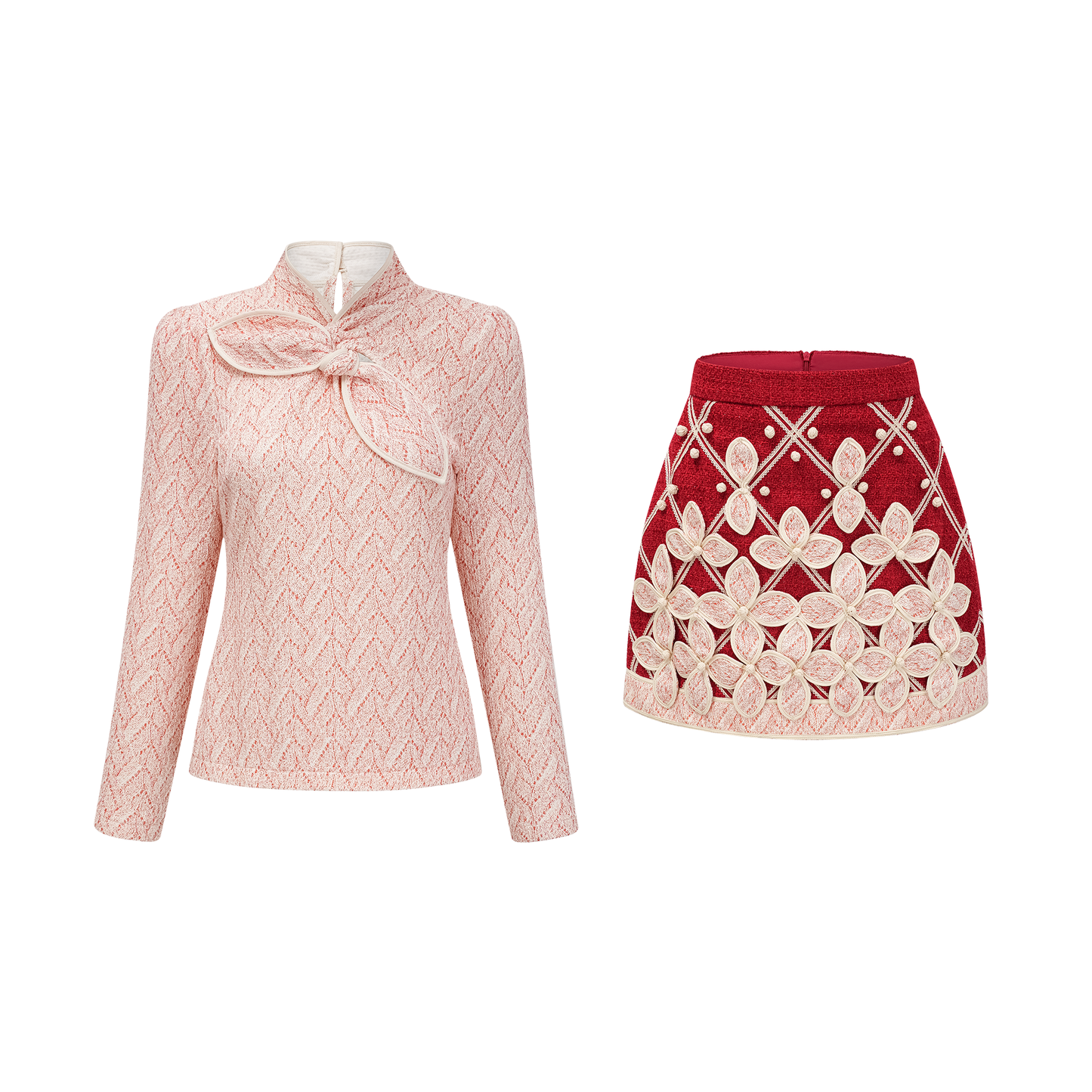 La Rosée — Bow-tie crochet blouse and petal mini skirt
