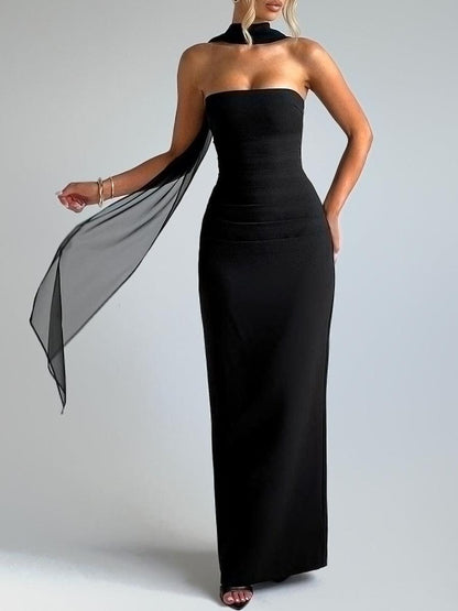 La Yulia — Strapless Crepe Maxi with Mesh Detail