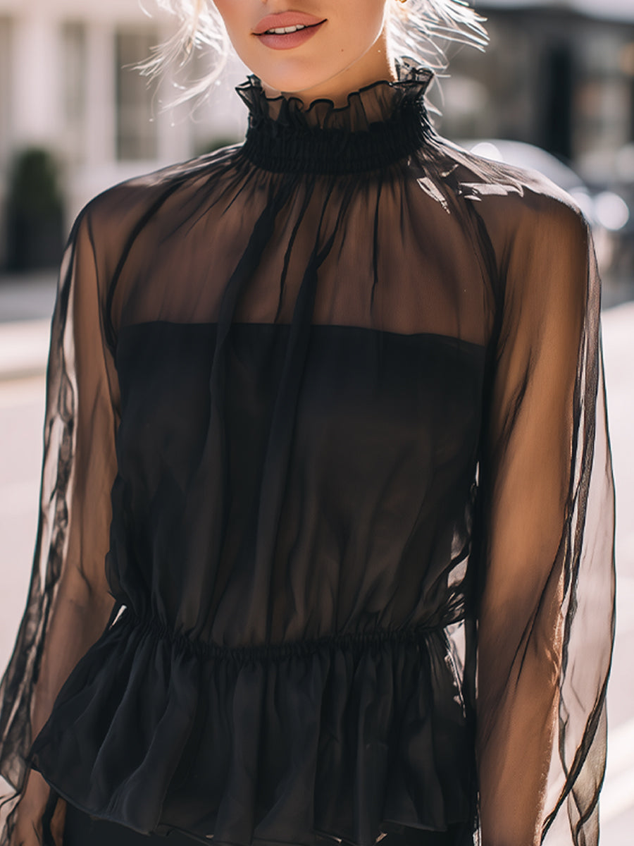 La Transparence Élégante — Sheer High-Neck Blouse