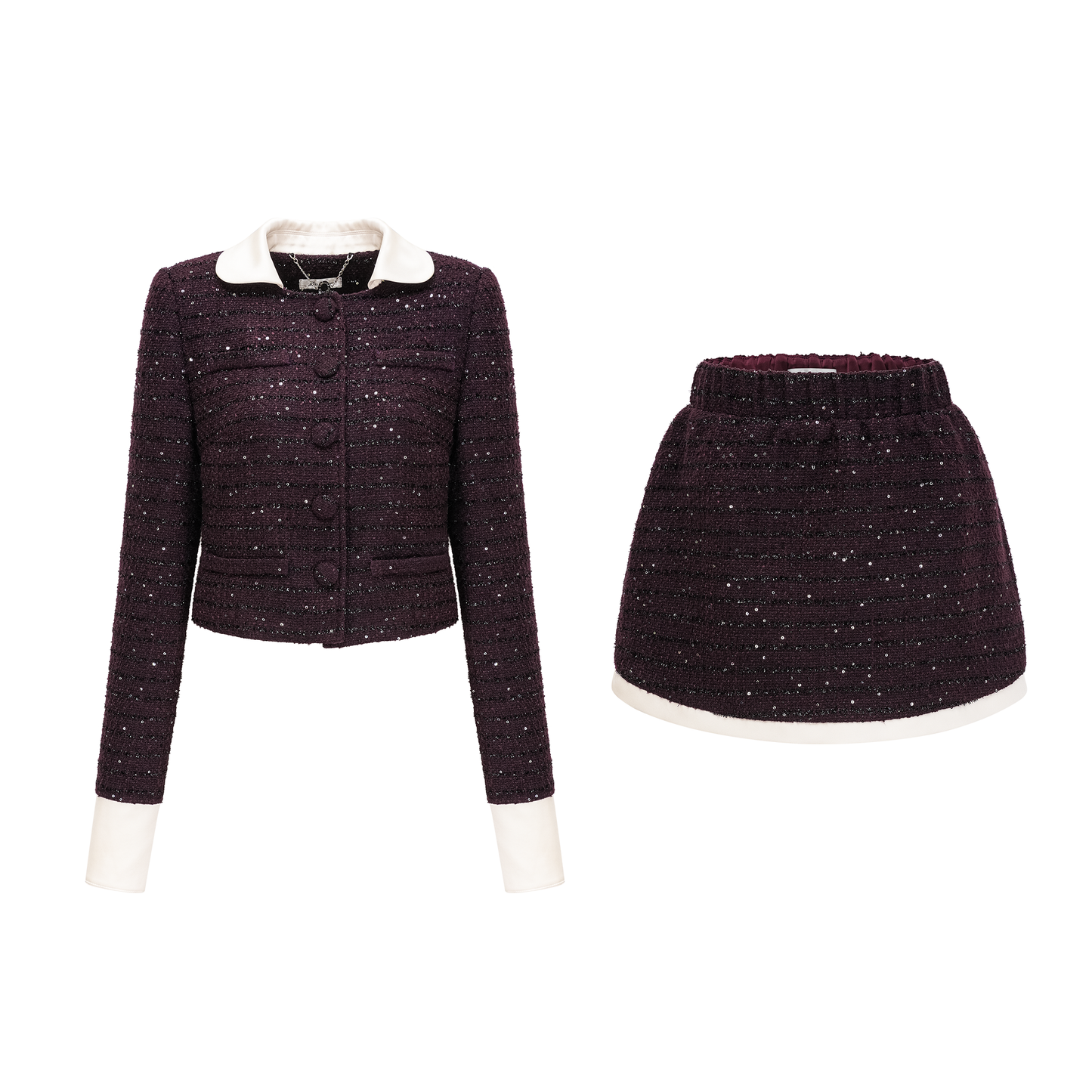 La Pourpre Éclatante — Cropped tweed jacket and mini skirt set