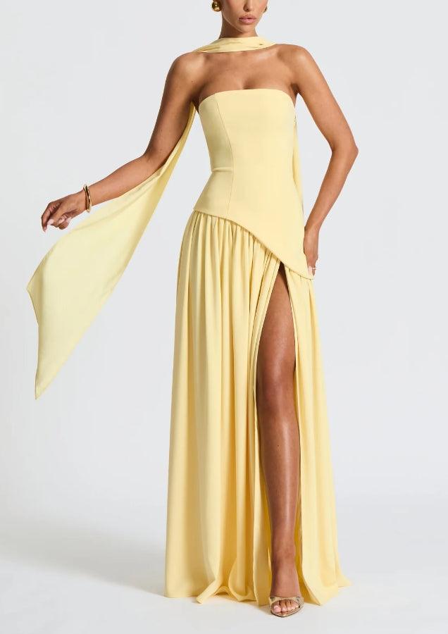 La Maliyah — Strapless Draped Maxi in Plum Brown