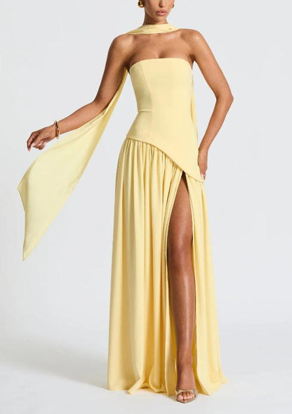 La Maliyah — Strapless Draped Maxi in Plum Brown