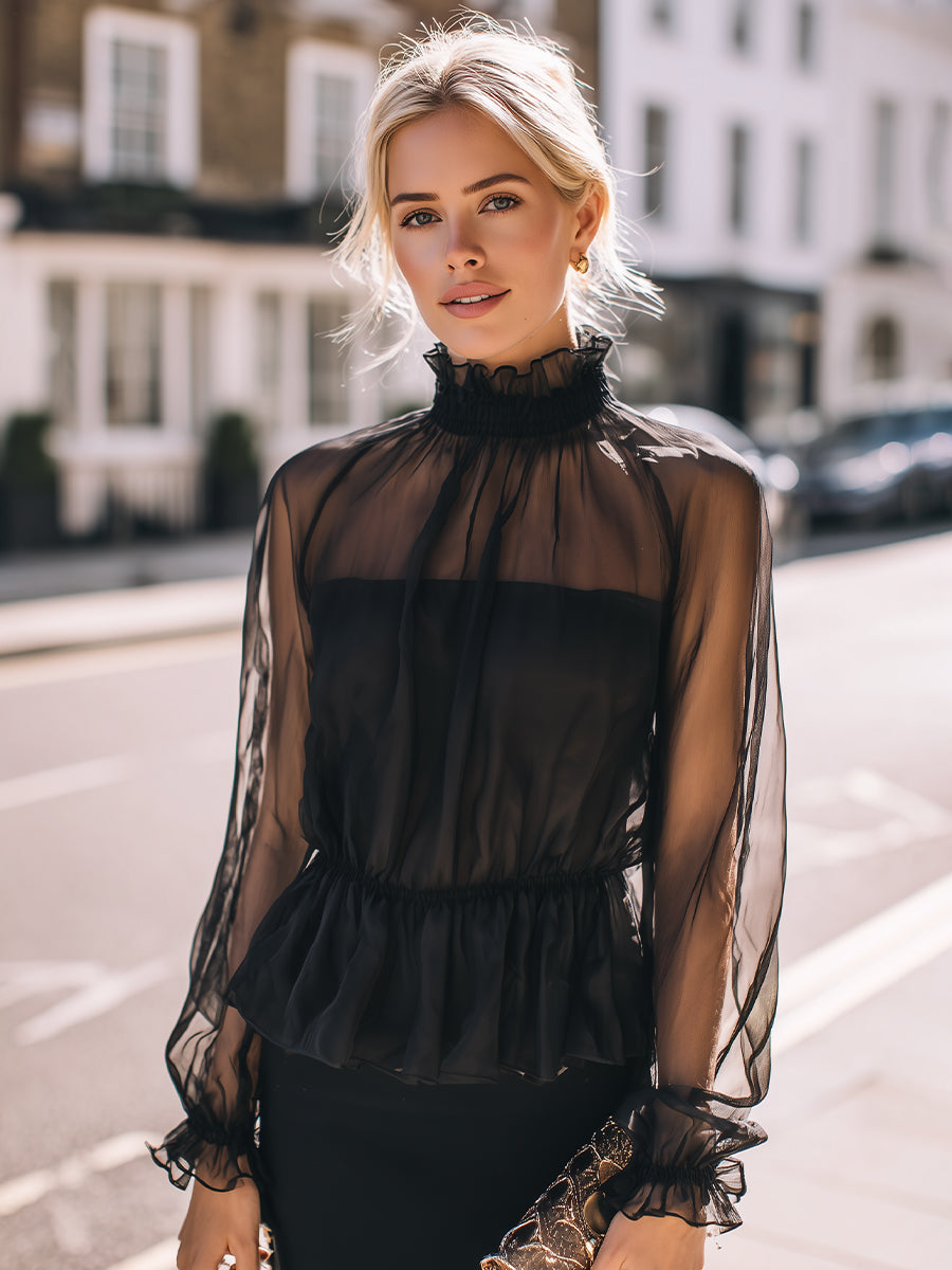 La Transparence Élégante — Sheer High-Neck Blouse