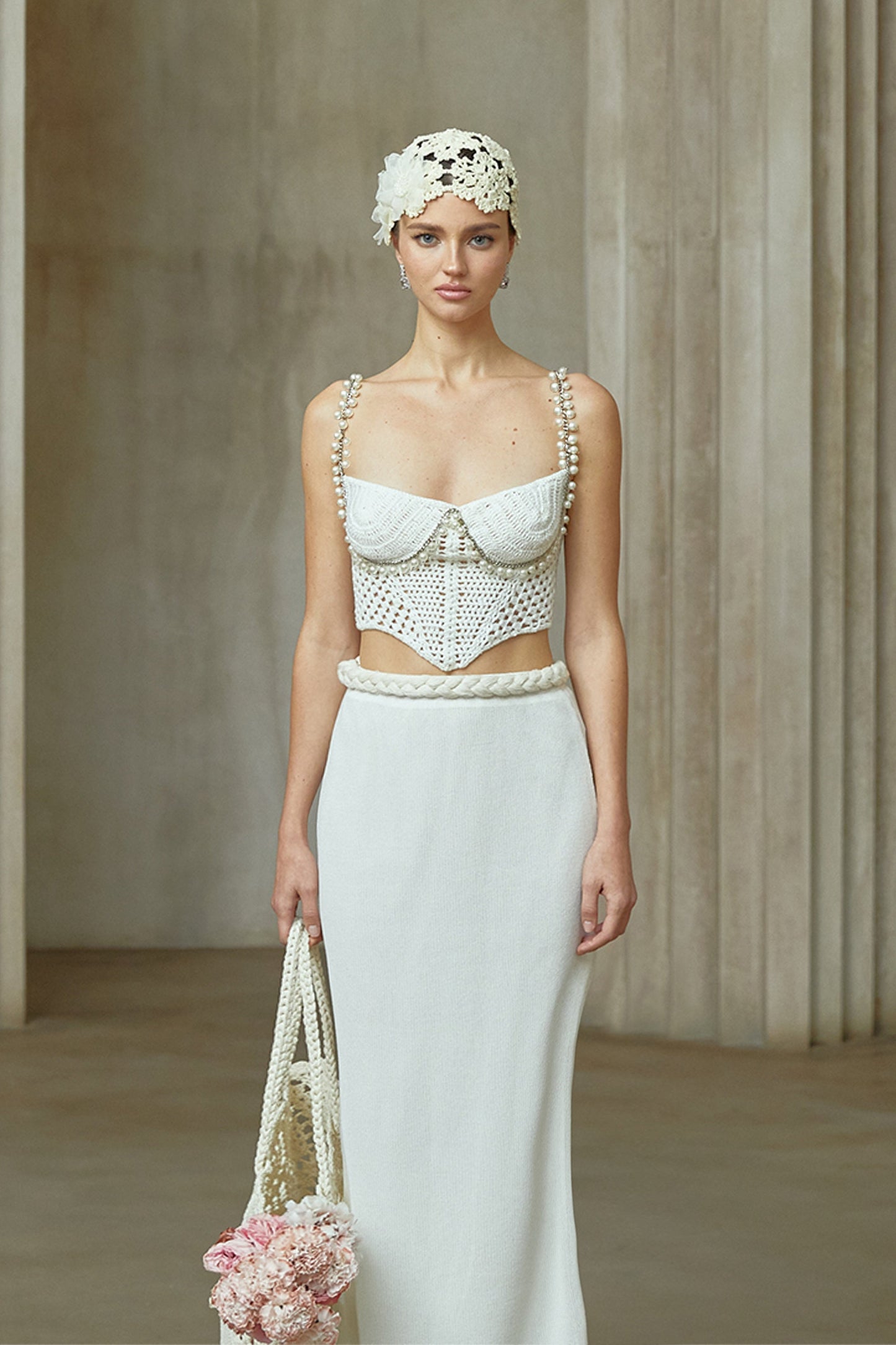La Crochet Aurore — Pearl-strap crochet top and maxi skirt