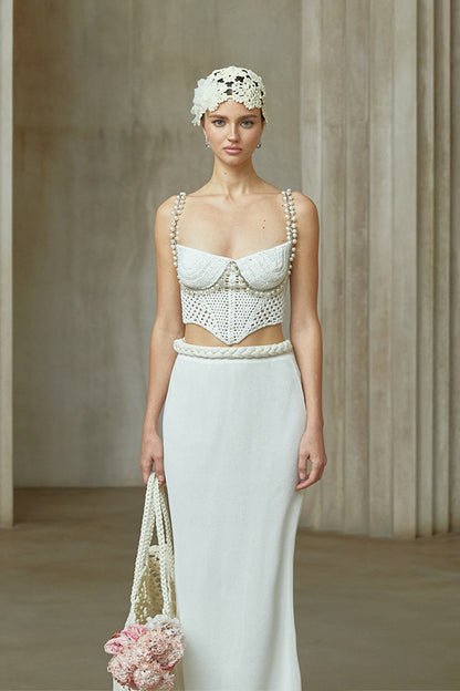 La Crochet Aurore — Pearl-strap crochet top and maxi skirt