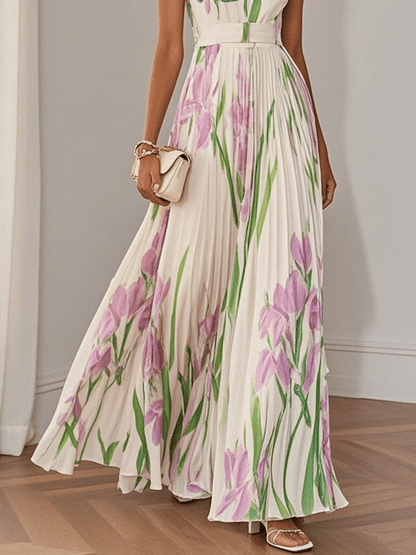 White Pleated Chiffon Maxi Dress