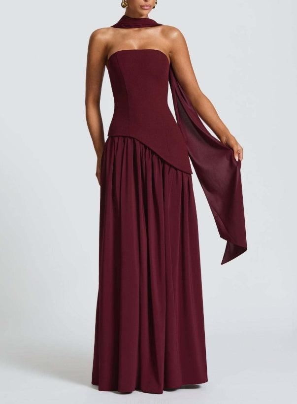 La Maliyah — Strapless Draped Maxi in Plum Brown