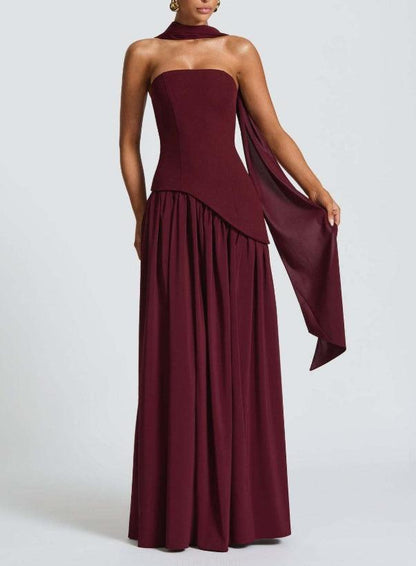 La Maliyah — Strapless Draped Maxi in Plum Brown
