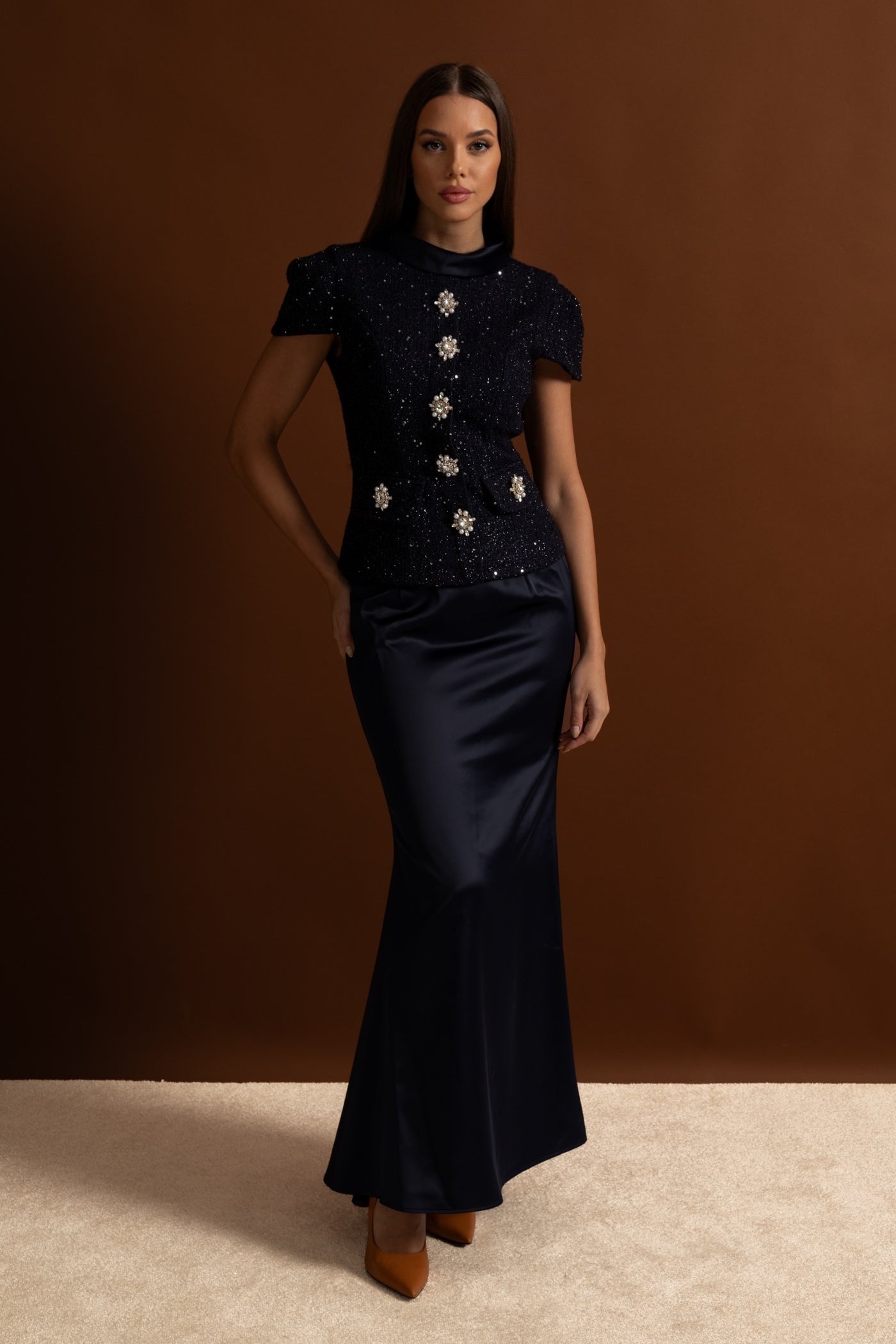 La Celeste — Tweed Embellished Co-Ord in Navy