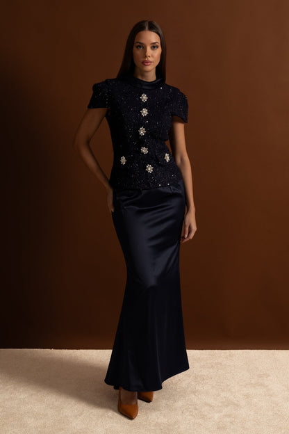 La Celeste — Tweed Embellished Co-Ord in Navy