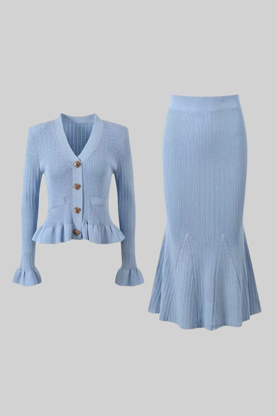 La Mirelle — Ribbed Knit Peplum Set in Sky Blue