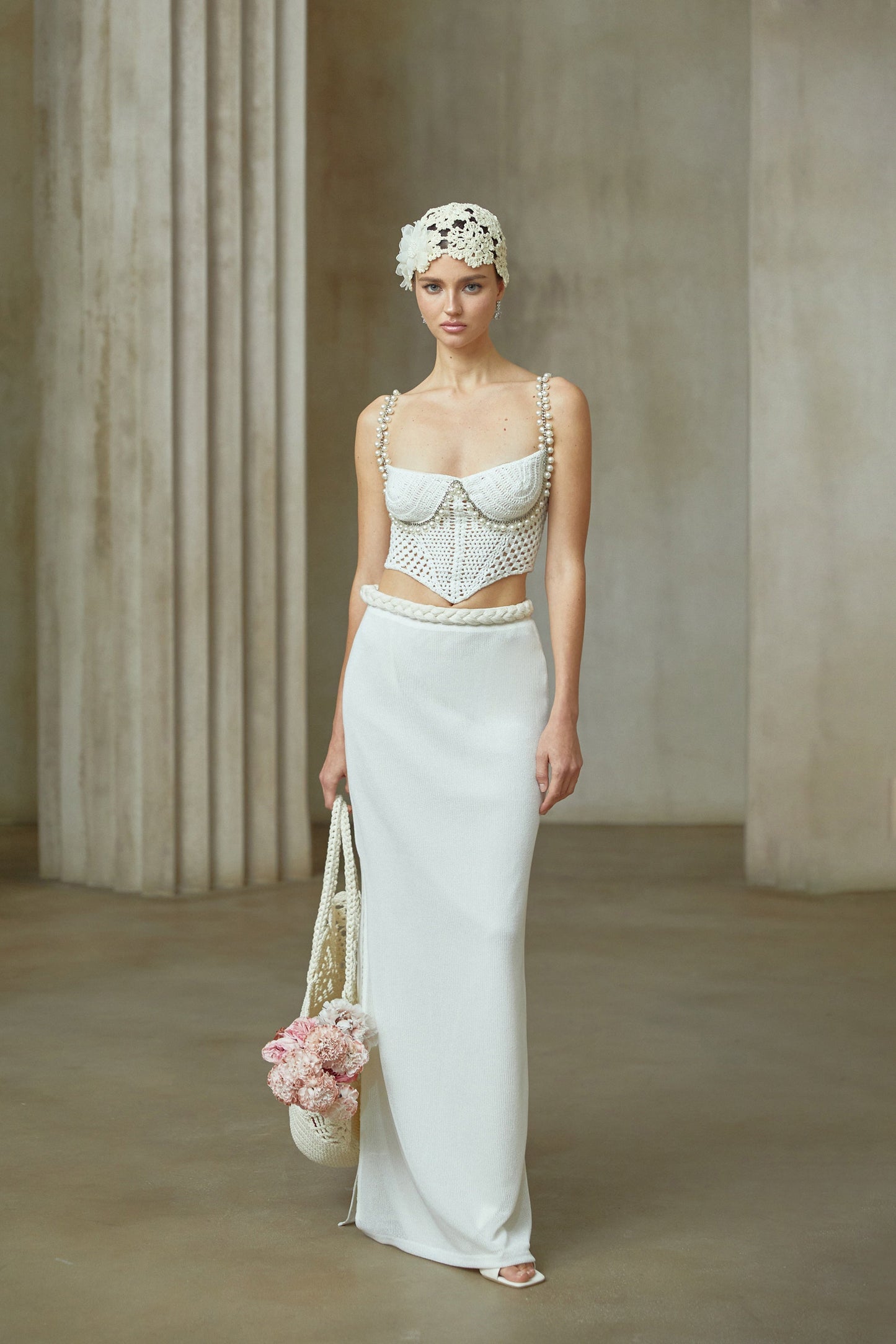 La Crochet Aurore — Pearl-strap crochet top and maxi skirt