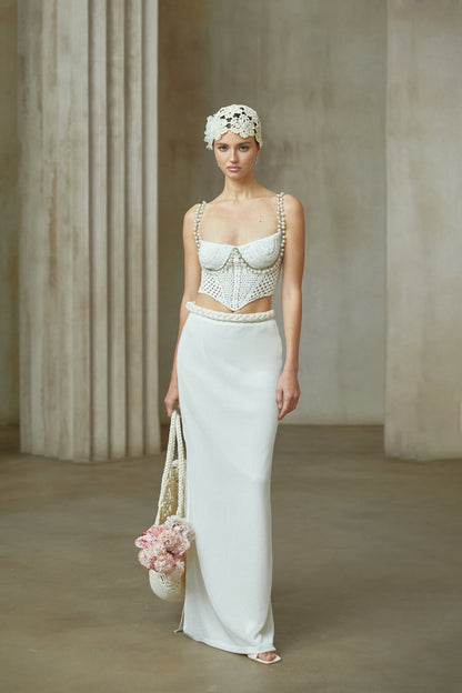 La Crochet Aurore — Pearl-strap crochet top and maxi skirt
