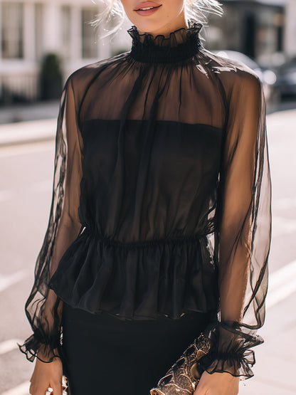 La Transparence Élégante — Sheer High-Neck Blouse