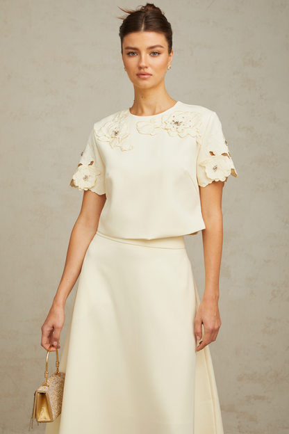 La Pétale Élégante — Embellished petal top and A-line skirt