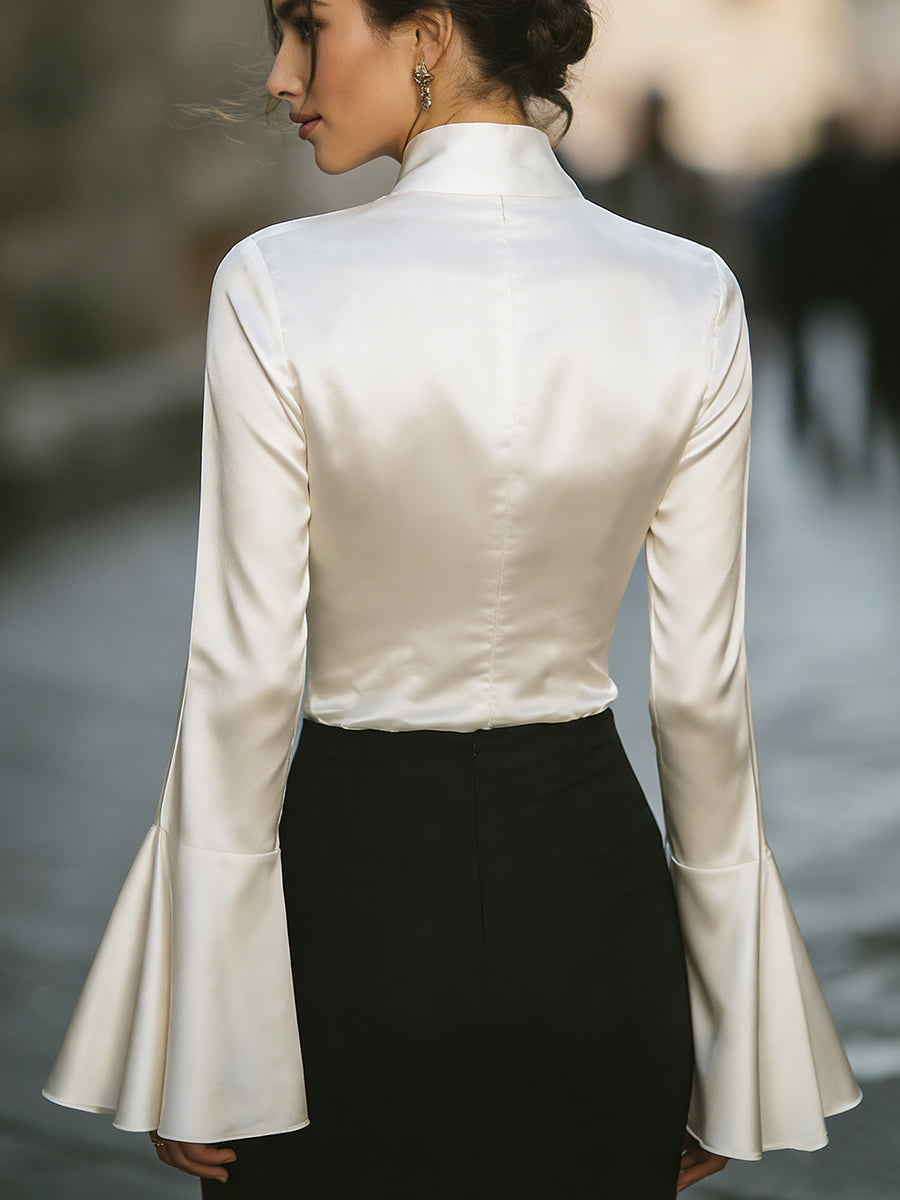 La Soie Architecturée — Silk-Satin Bell Sleeve Blouse