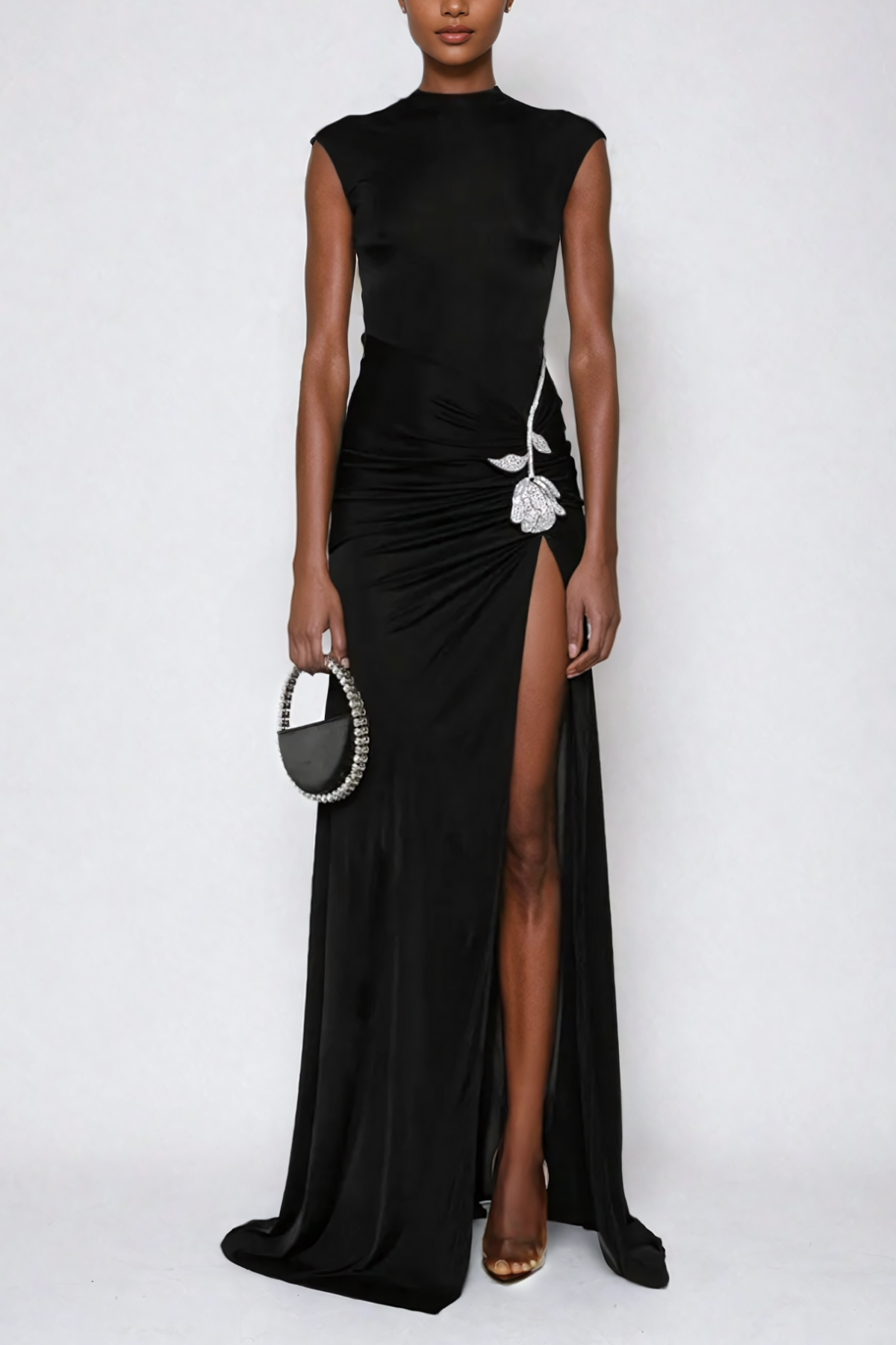 La Fleur Noire — Rhinestone Split Maxi Dress