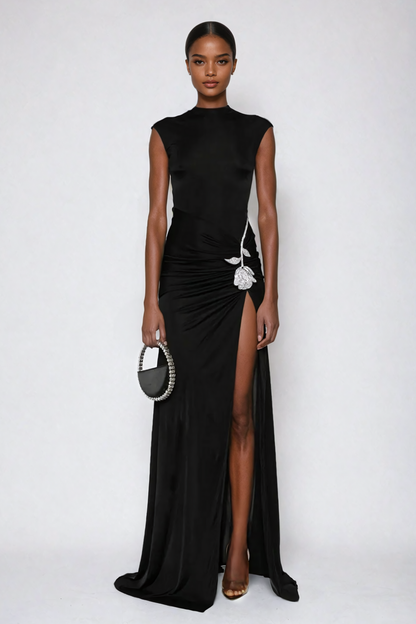 La Fleur Noire — Rhinestone Split Maxi Dress